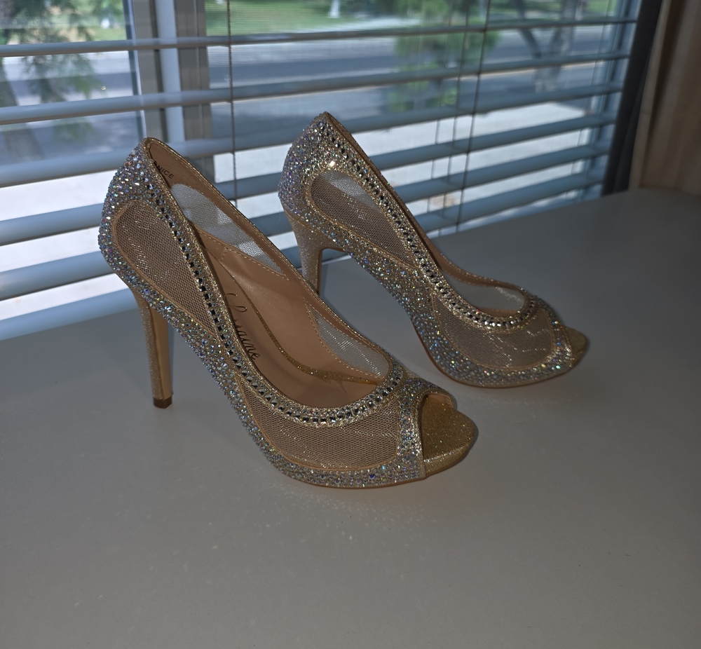 Embellished Nude Mesh Peep-Toe Heels